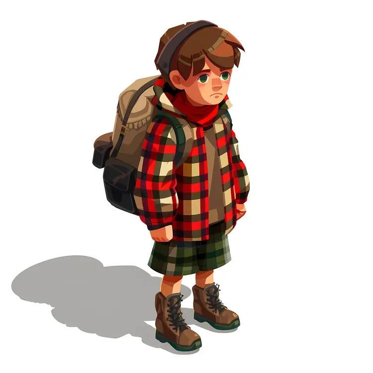 Boy with backpack and plaid shirt