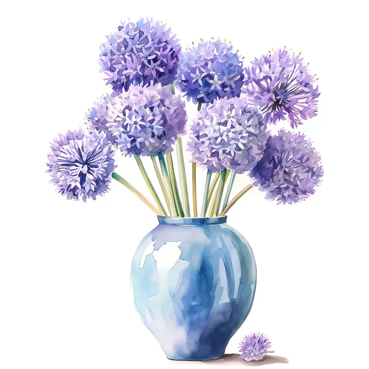 Purple Allium Flowers in a Blue Vase