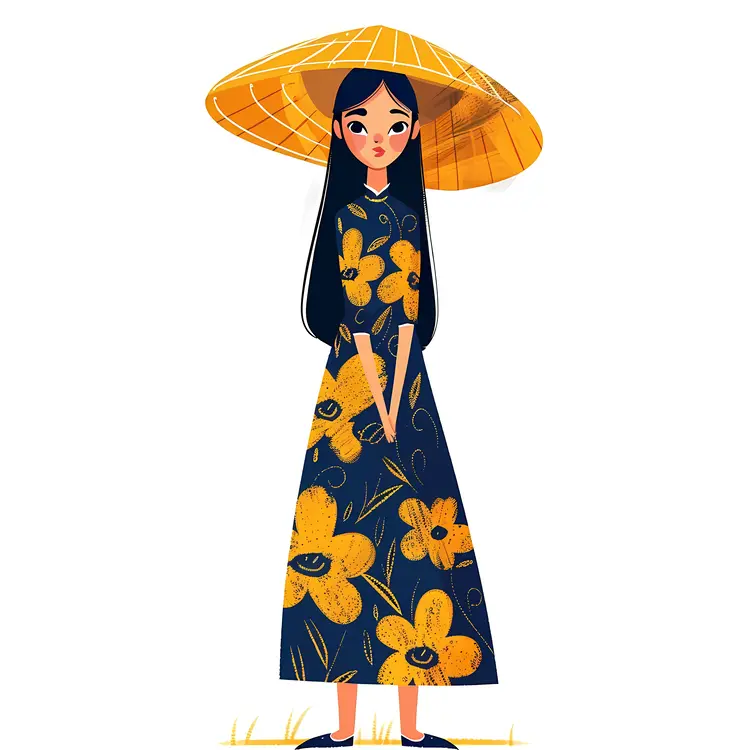 Charming Woman in Floral Dress with Yellow Conical Hat
