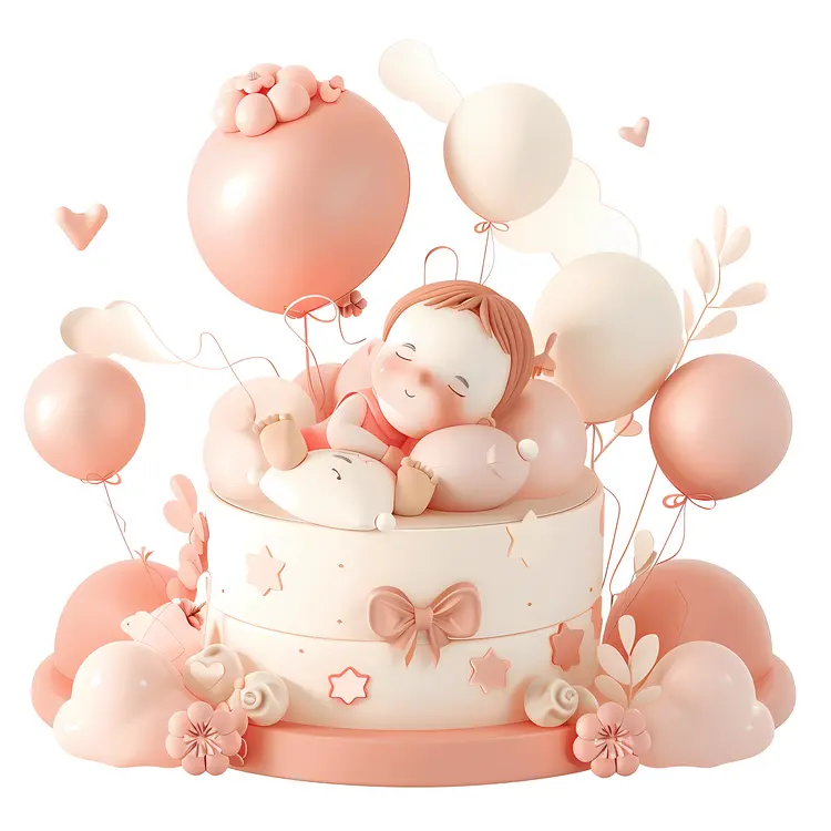 Baby Cake with Balloons and Sleeping Baby