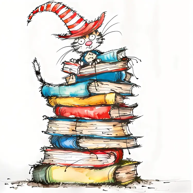 Cat Reading on a Stack of Books