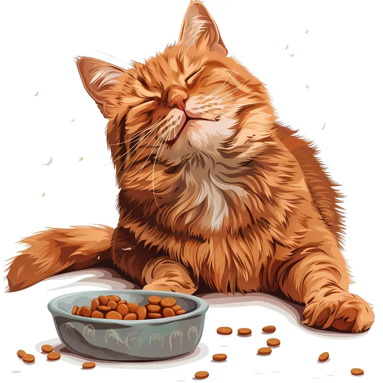Content Orange Kitten with Food Bowl