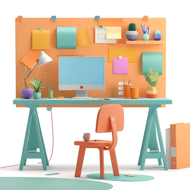Vibrant Office Desk with Notes and Computer