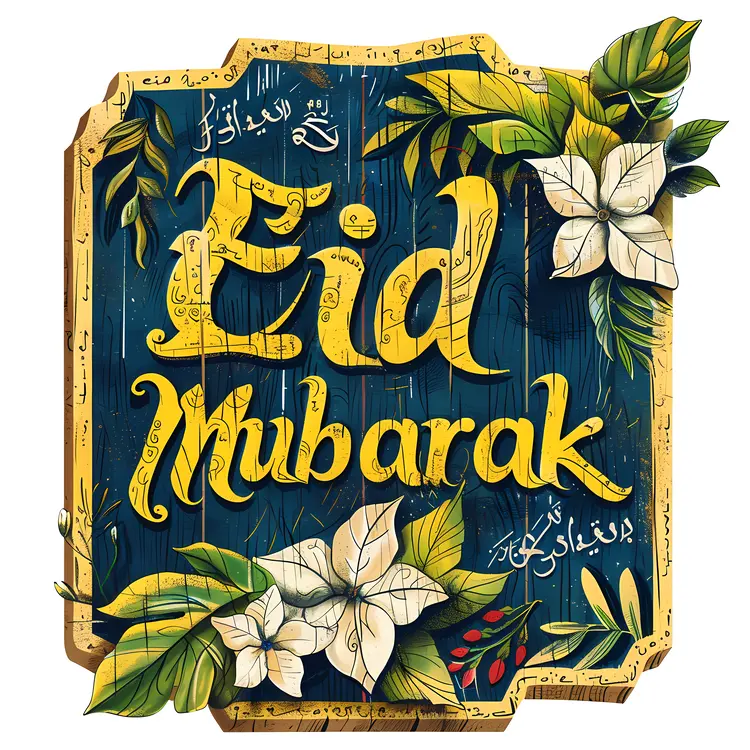 Eid Mubarak Sign with Flowers and Arabic Calligraphy