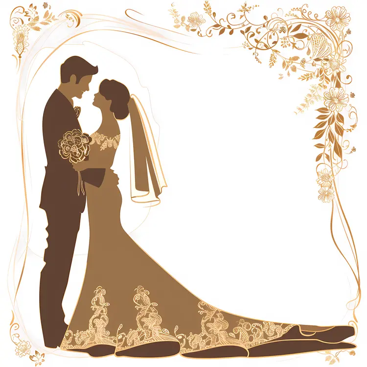 Golden Silhouette of Wedding Couple with Veil and Floral Frame