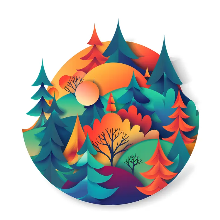 Colorful Forest with Sun in Circle