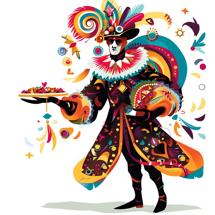 Colorful Jester with Mask and Decorative Elements