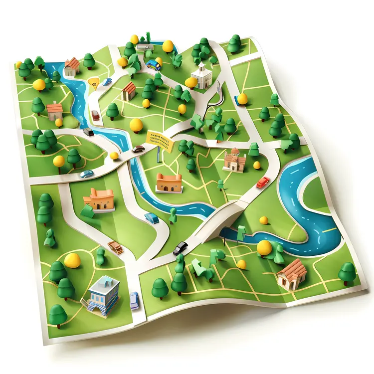 Colorful 3D Map with Roads and Rivers