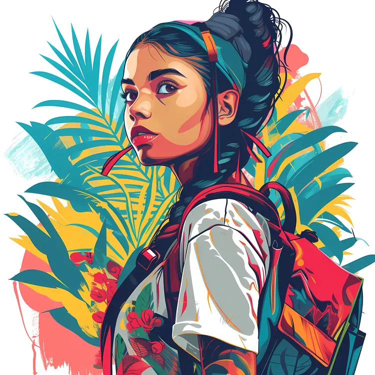 Colorful Girl with Backpack Illustration