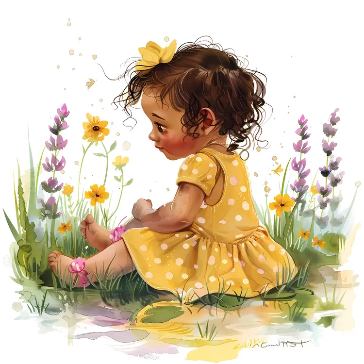 Baby in Yellow Dress with Flowers