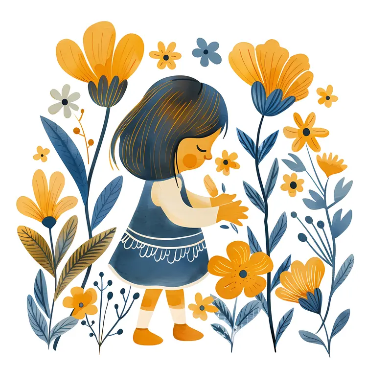 Girl with Flowers Cartoon Illustration