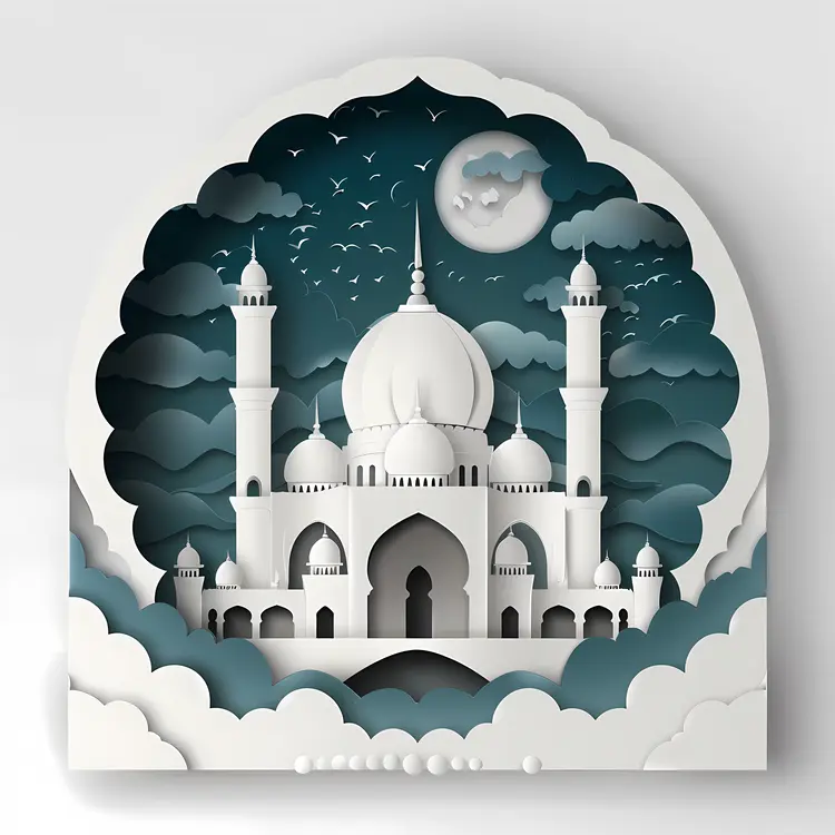 White Mosque with Crescent and Moon