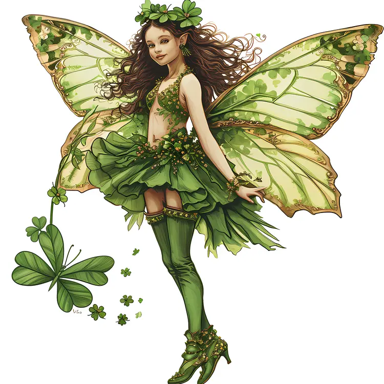 Elegant Green Fairy with Clover and Wings