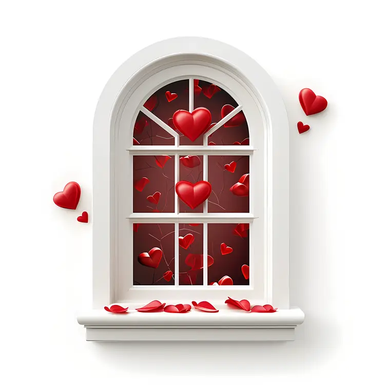 Romantic Window with Red Hearts