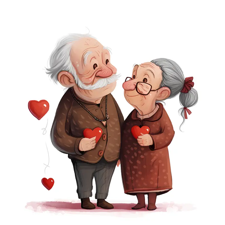 Elderly Couple with Heart Balloons Illustration