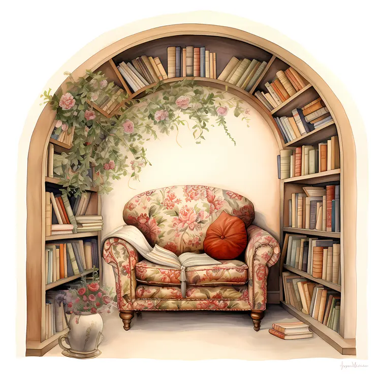 Floral Armchair with Bookshelf and Plants
