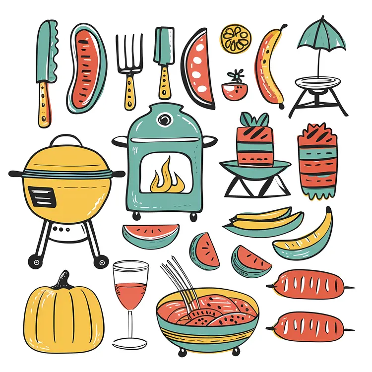 Colorful Barbecue Tools and Food Illustration