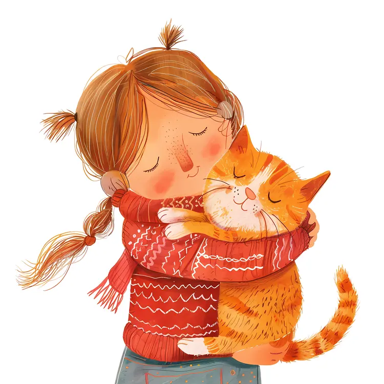 Cute Girl Hugging Cat Illustration