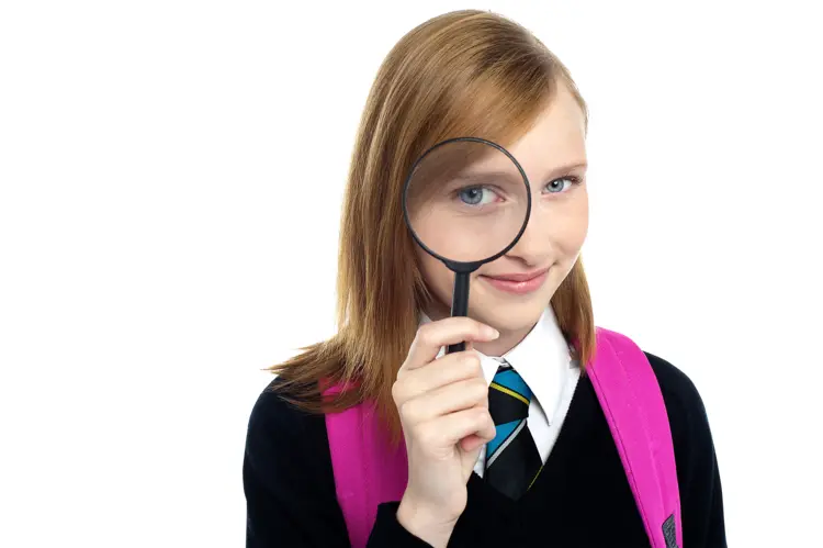 Student Girl with Pink Backpack and Magnifying Glass