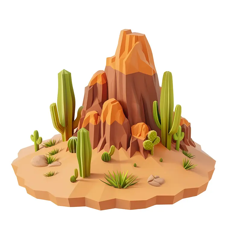 Desert Landscape with Cacti and Rocky Mountains