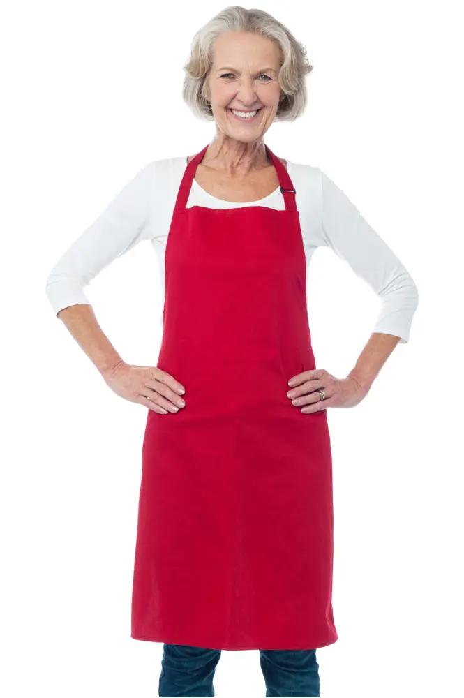 Smiling Woman in Red Apron