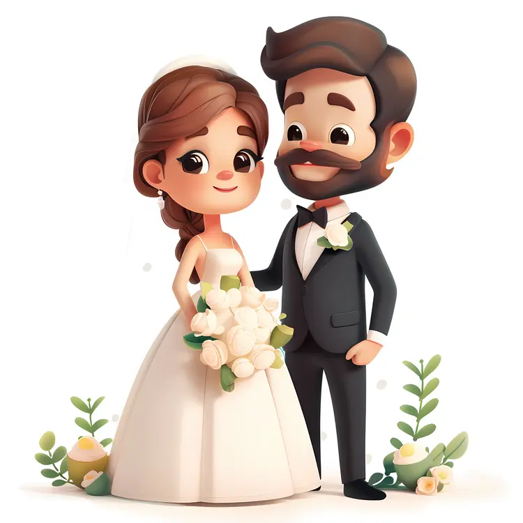 Cartoon Wedding Couple with Flowers