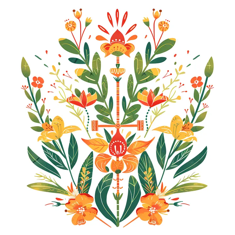 Symmetrical Floral Pattern with Orange and Yellow Flowers