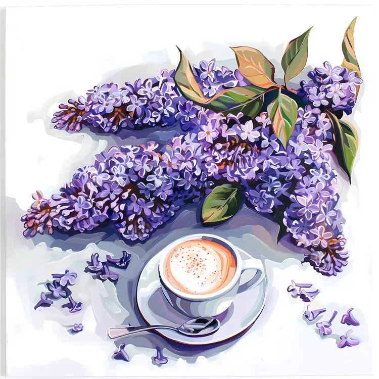 Lilac Flowers with Coffee Cup