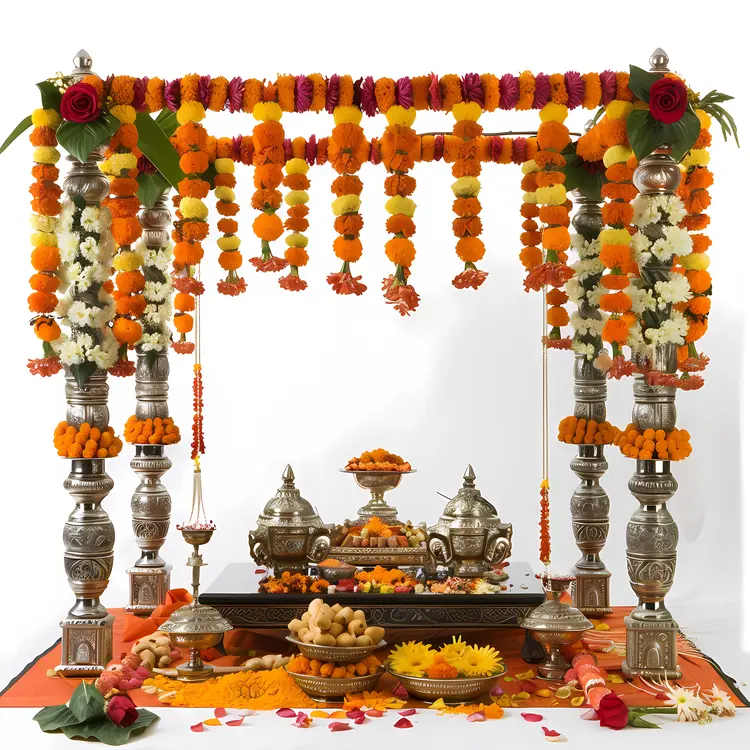 Traditional Decorated Altar with Marigold Flowers