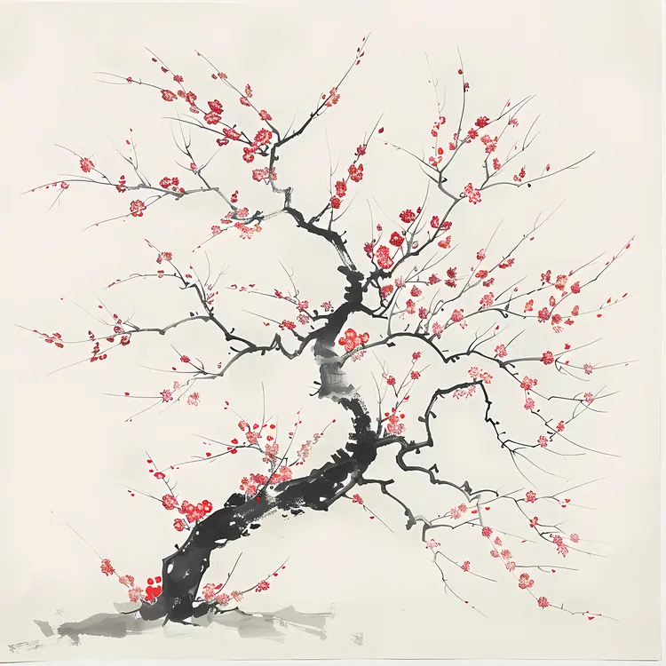 Red Blossom Tree in Traditional Art Style