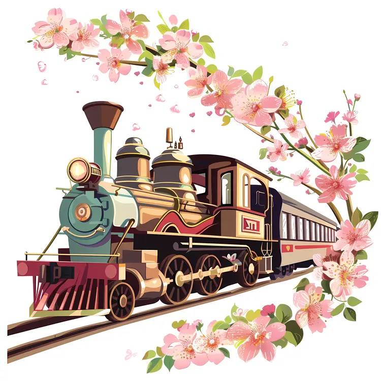 Vintage Steam Train with Cherry Blossoms