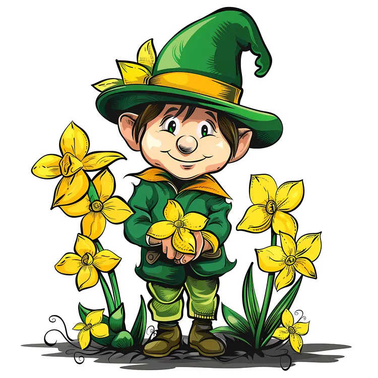 Elf in Green Hat Holding Yellow Flowers
