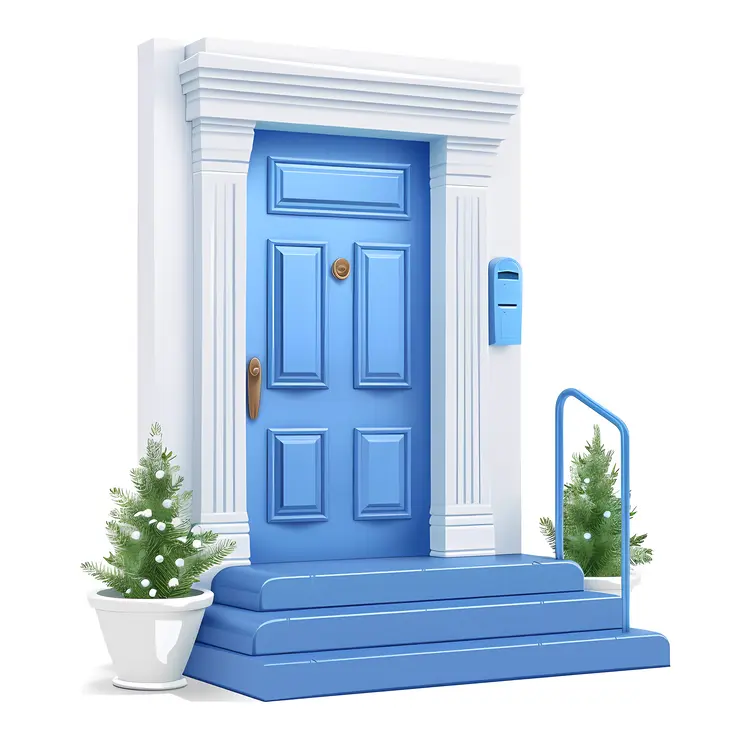 Blue Door with Steps and Plants Illustration