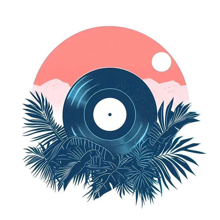 Vinyl Record with Palm Leaves and Sunset