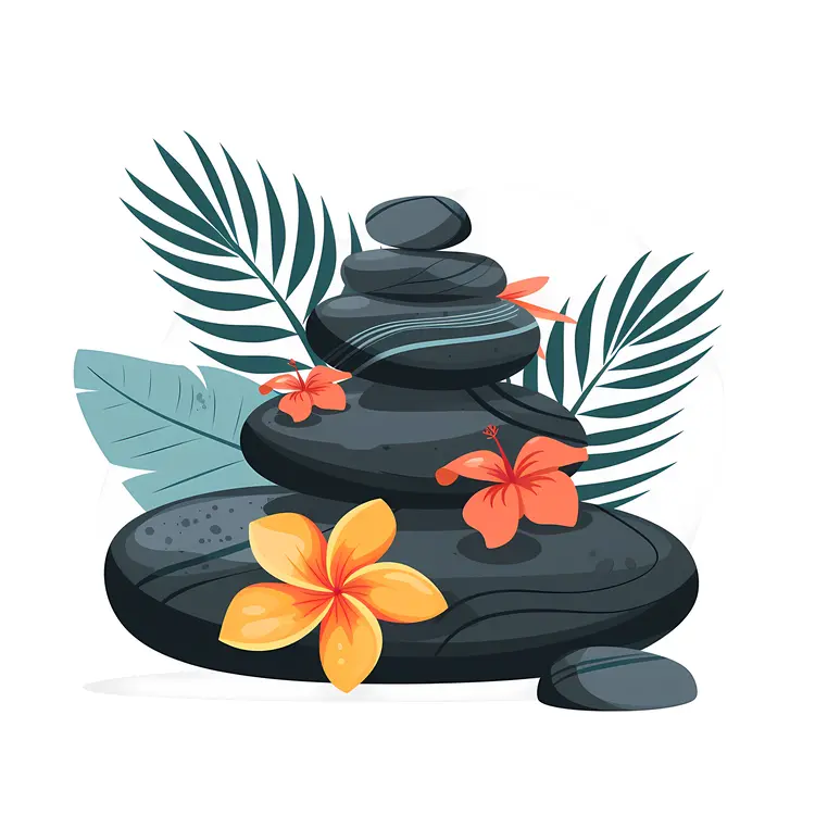 Zen Stacked Stones with Flowers and Leaves