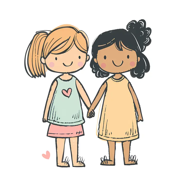 Cute Illustration of Two Girls Holding Hands