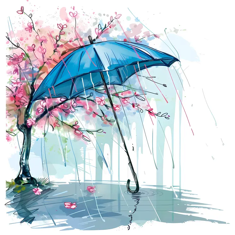 Blue Umbrella with Cherry Blossoms