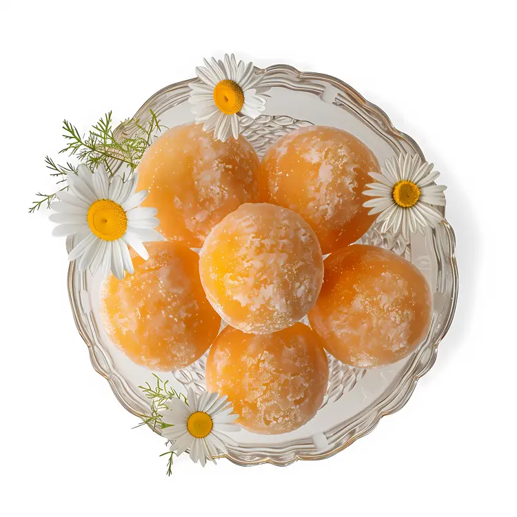 Orange Balls with Daisies in Glass Bowl