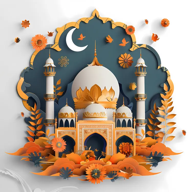 Colorful Mosque with Crescent and Flowers