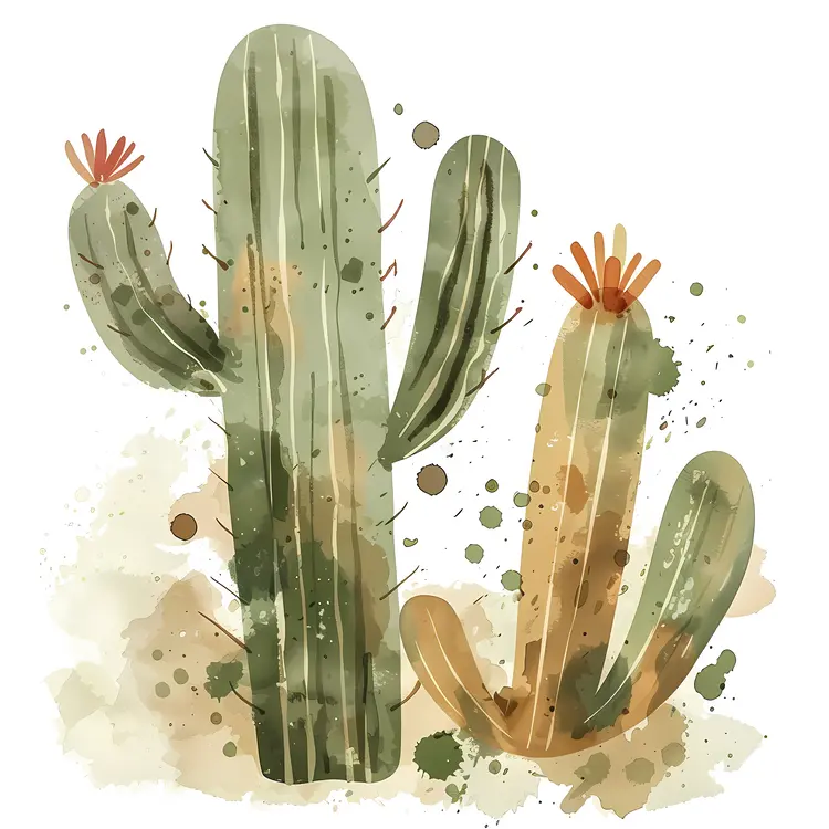 Watercolor Cactus with Flowers