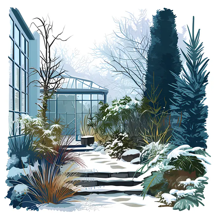 Garden Path Leading to Greenhouse in Winter