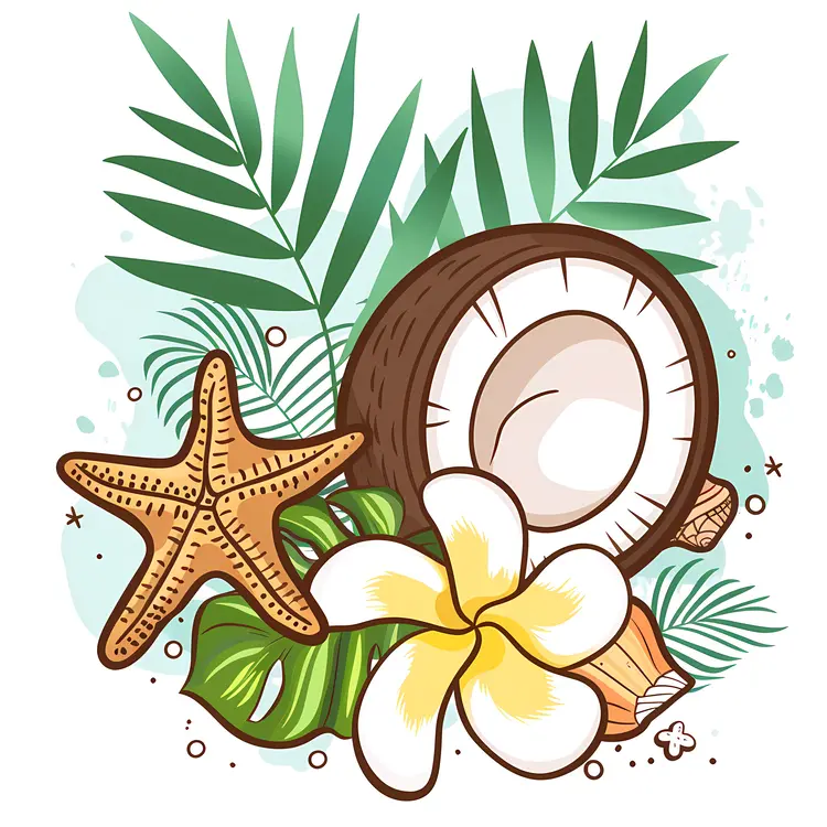 Tropical Coconut and Flowers with Starfish