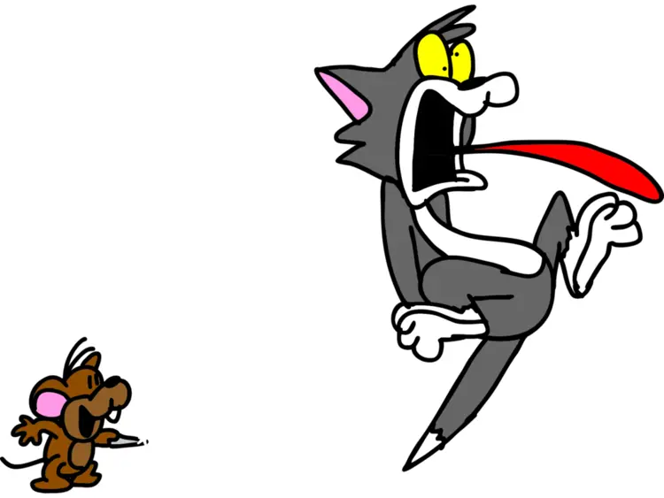 Scared Gray Cat Running from Mouse