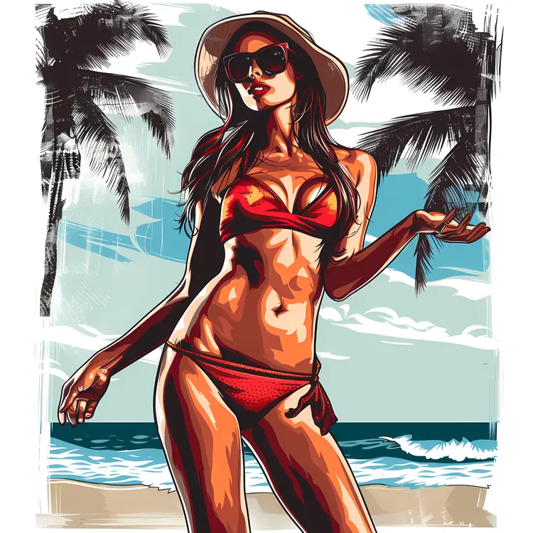 Illustration of Woman in Red Bikini at the Beach
