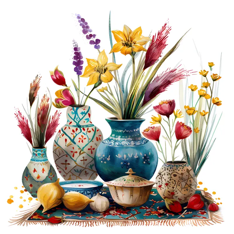 Colorful Still Life with Flowers and Vases
