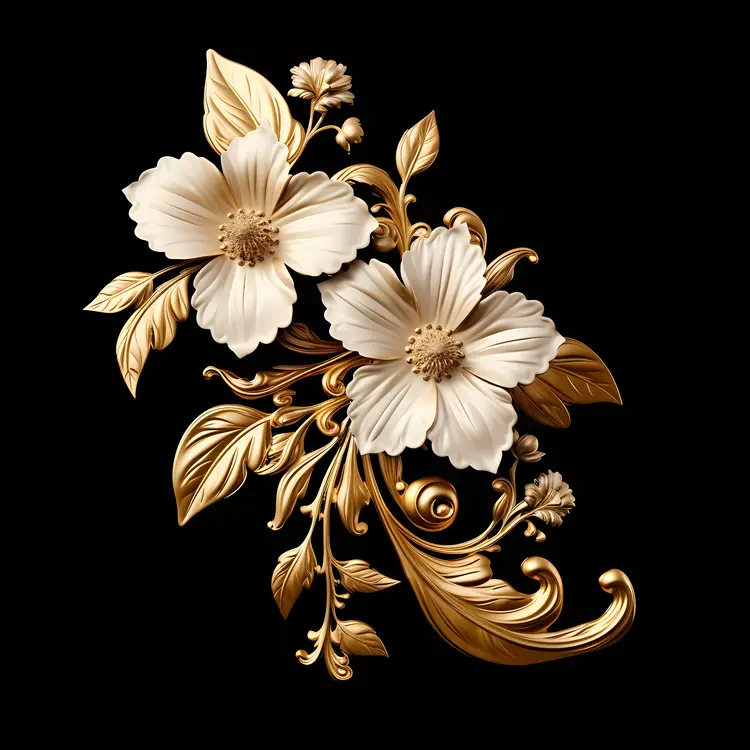 Golden and White Floral Ornament on Black Background