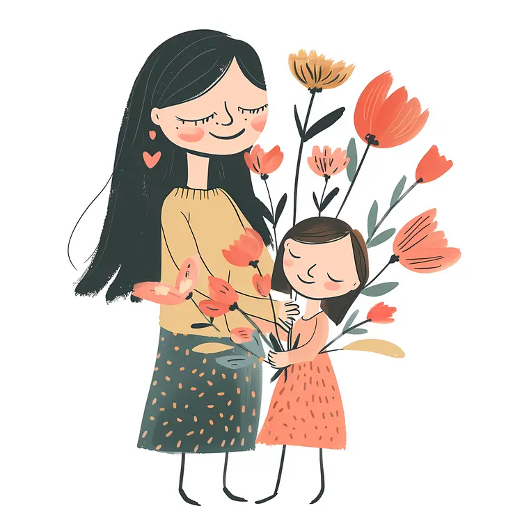Mother and Child Hugging with Flowers