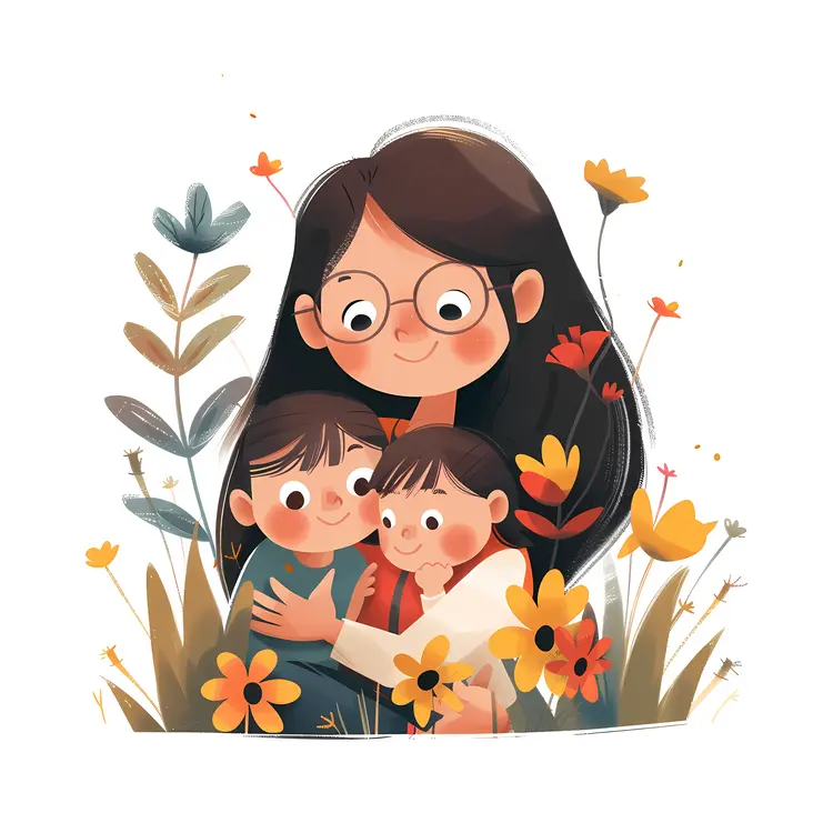 Mother with Her Children in a Flower Field