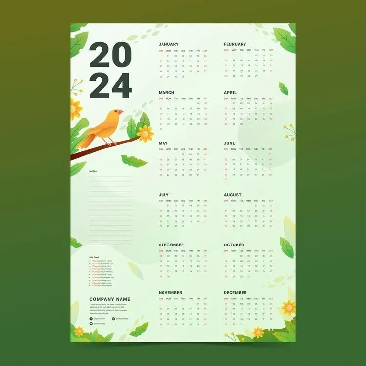 Green 2024 Calendar with Bird and Flowers