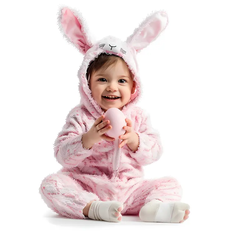 Adorable Baby in Pink Bunny Costume Holding an Egg